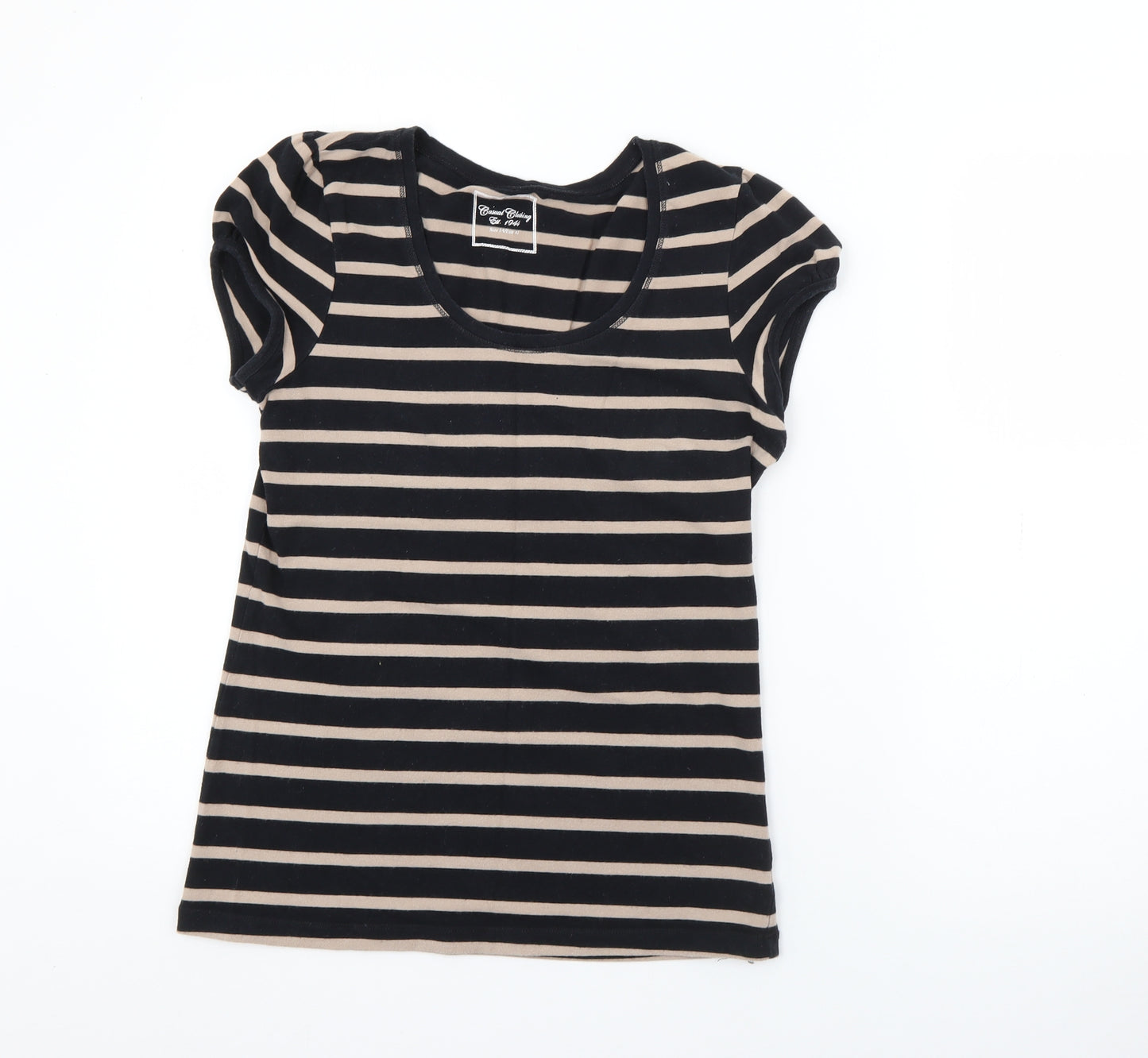 casual clothing Womens Black Striped Cotton Basic T-Shirt Size 14 Scoop Neck