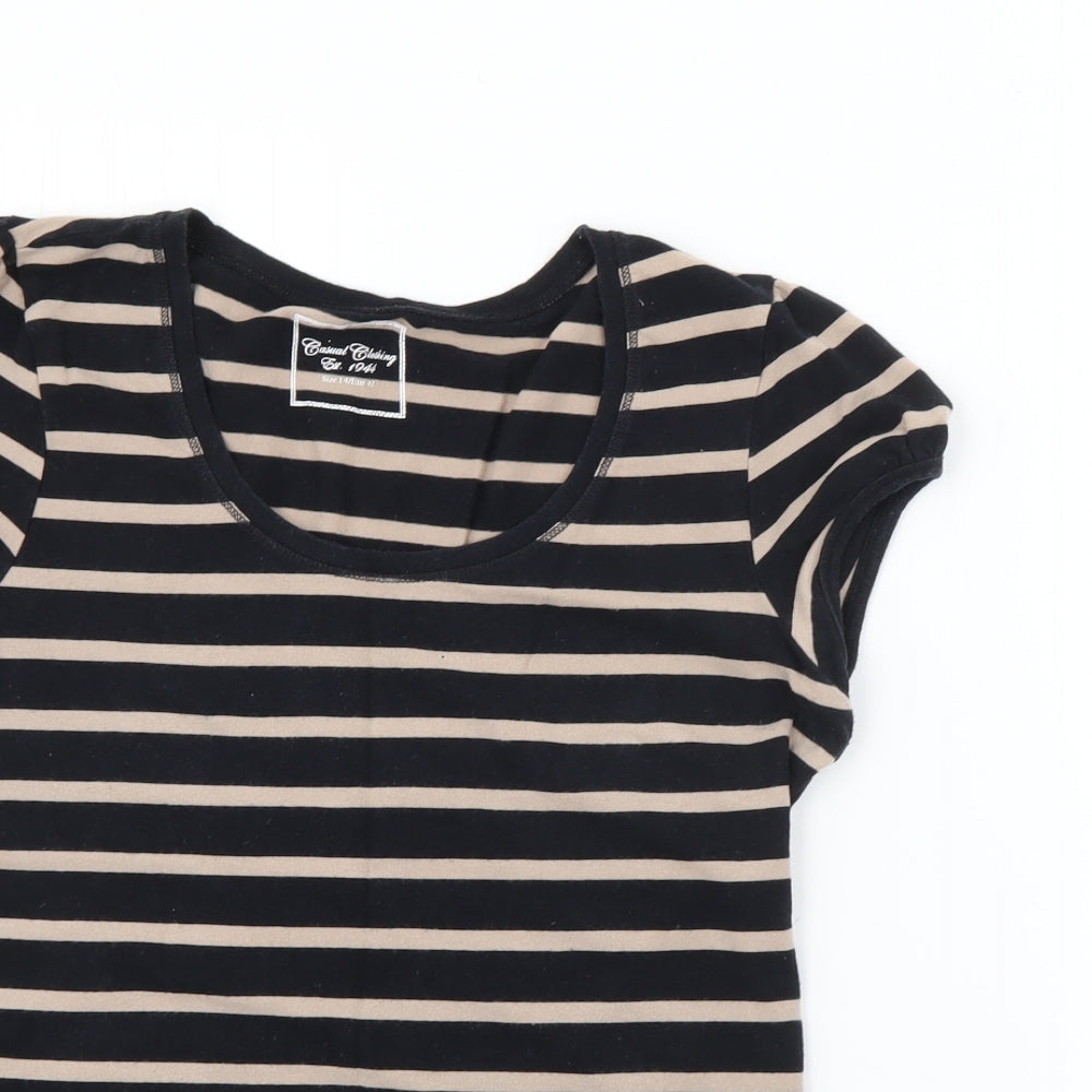 casual clothing Womens Black Striped Cotton Basic T-Shirt Size 14 Scoop Neck