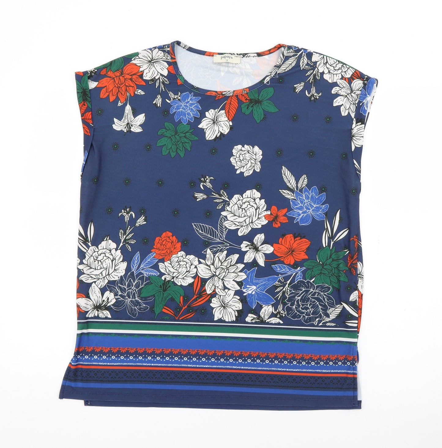 Papaya Womens Blue Floral Polyester Basic T-Shirt Size 12 Crew Neck