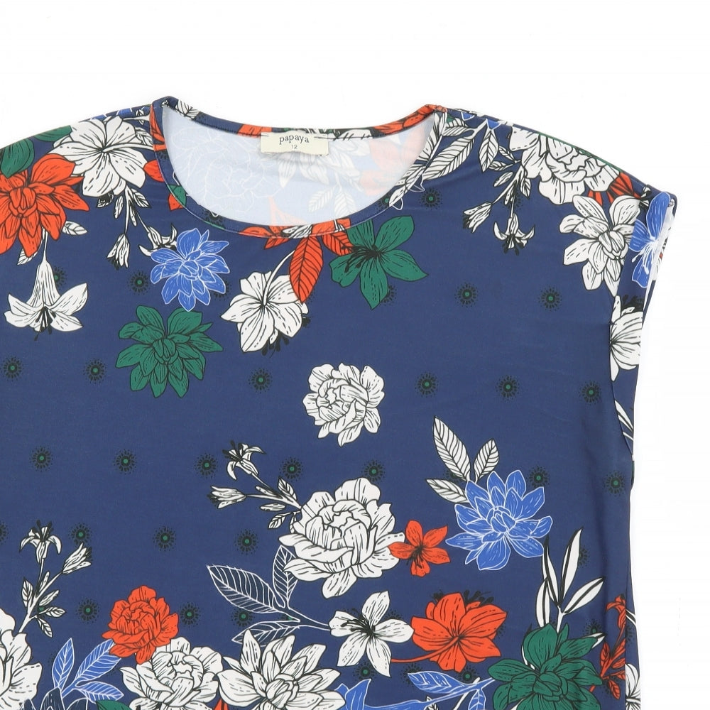 Papaya Womens Blue Floral Polyester Basic T-Shirt Size 12 Crew Neck