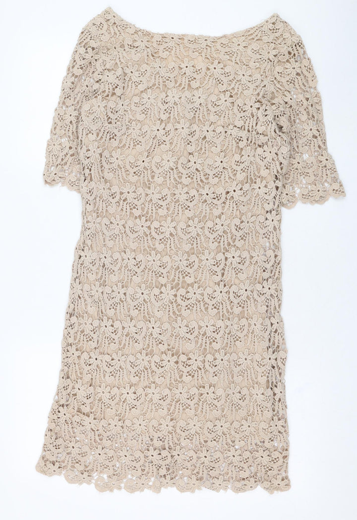 Laura Clément Womens Brown  Cotton Shift  Size 8  Round Neck Zip