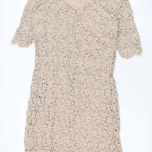 Laura Clément Womens Brown  Cotton Shift  Size 8  Round Neck Zip