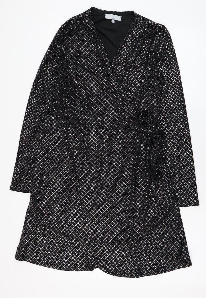 Red Herring Womens Black Check Polyester Wrap Dress Size 10 V-Neck Tie