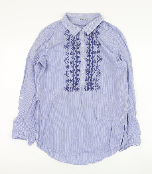 Front view of Monsoon women’s blue striped cotton basic blouse, size UK 8, collared