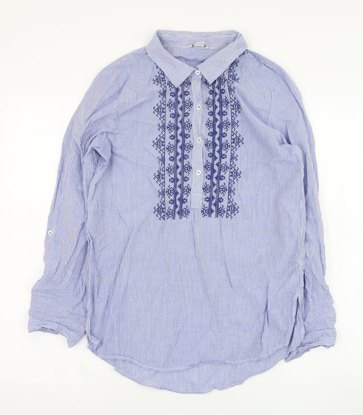 Monsoon Womens Blue Striped Cotton Basic Blouse Size 8 Collared