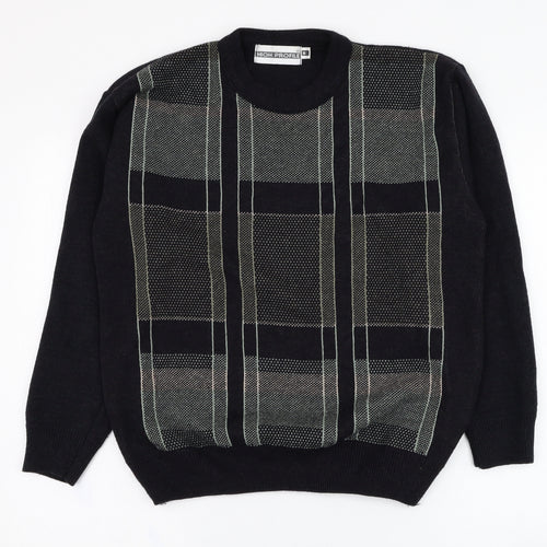 High Profile Mens Black Round Neck Check Acrylic Pullover Jumper Size S