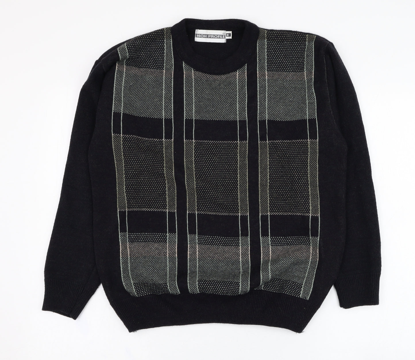 High Profile Mens Black Round Neck Check Acrylic Pullover Jumper Size S