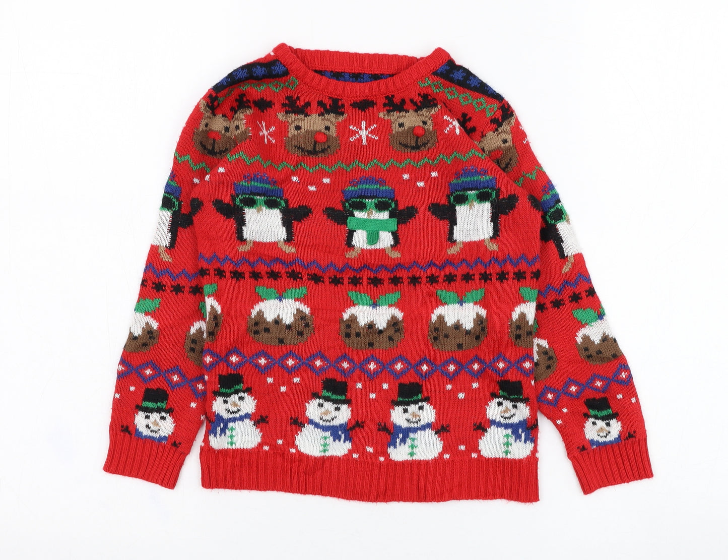 Nutmeg Boys Red Round Neck Fair Isle Acrylic Pullover Jumper Size 4-5 Years  Pullover - Christmas
