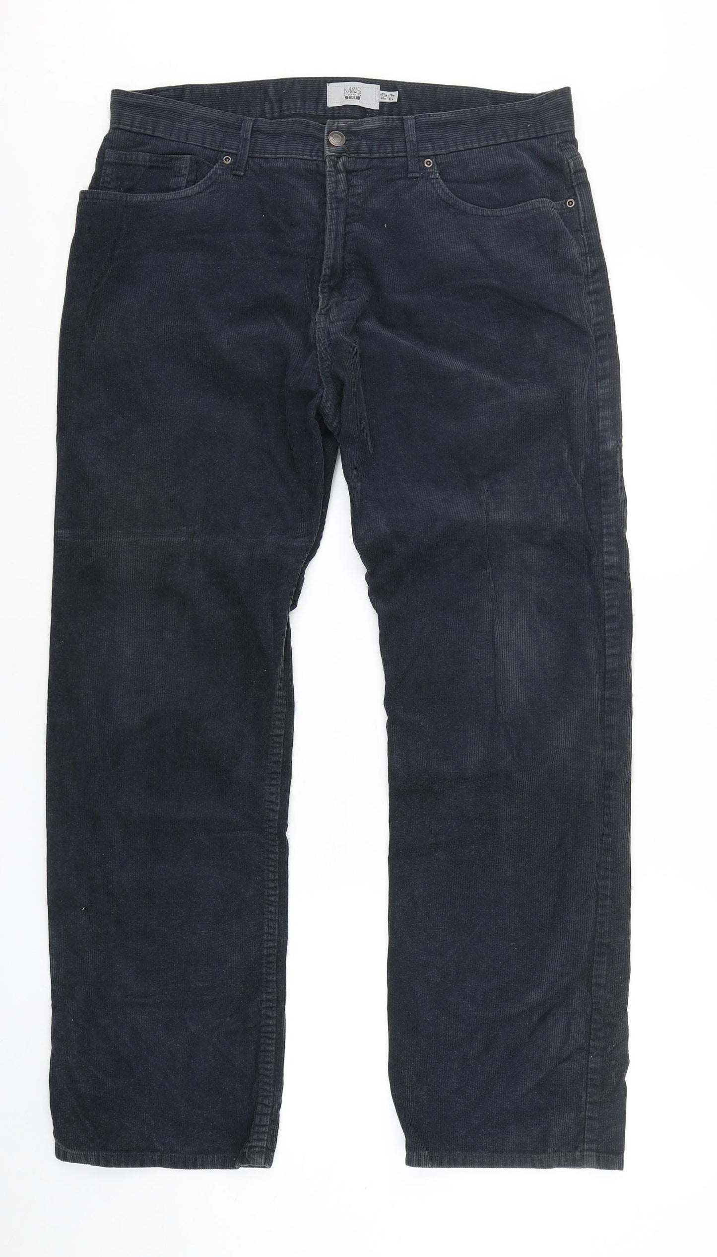 Marks and Spencer Mens Blue  Cotton Chino Trousers Size 36 L31 in Regular Buckle