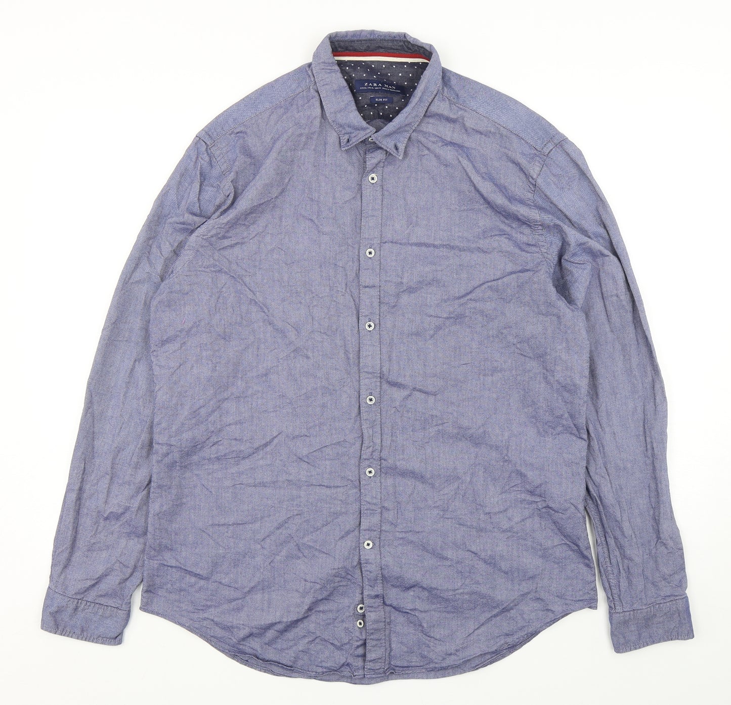 Zara Mens Blue  Cotton  Button-Up Size L Collared Button