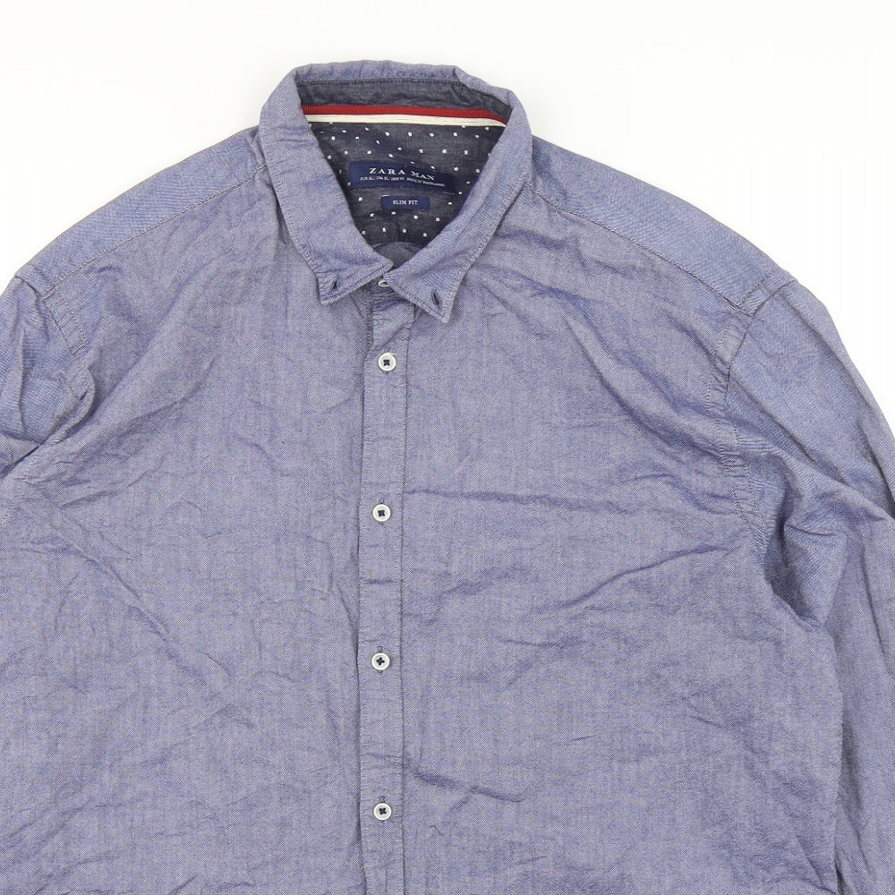 Zara Mens Blue  Cotton  Button-Up Size L Collared Button