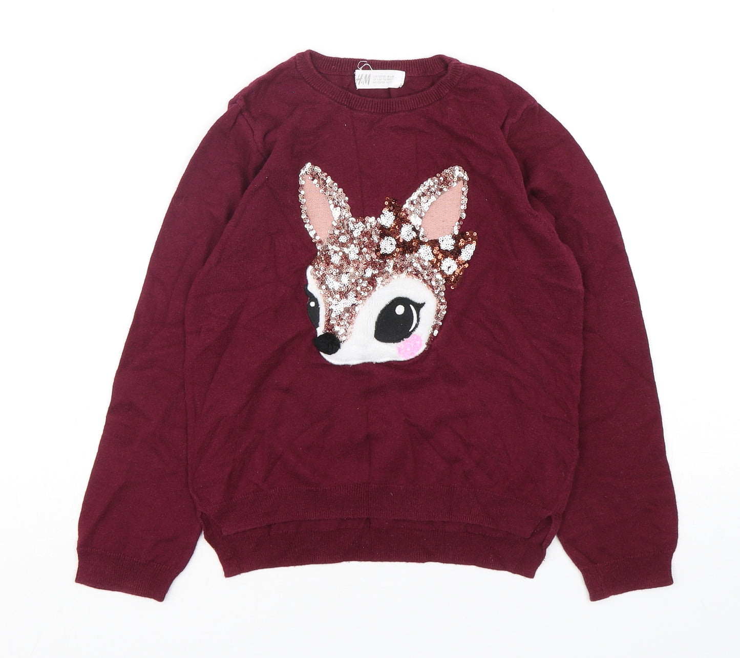 H&M Girls Purple Round Neck  Cotton Pullover Jumper Size 7-8 Years  Pullover - Deer Print