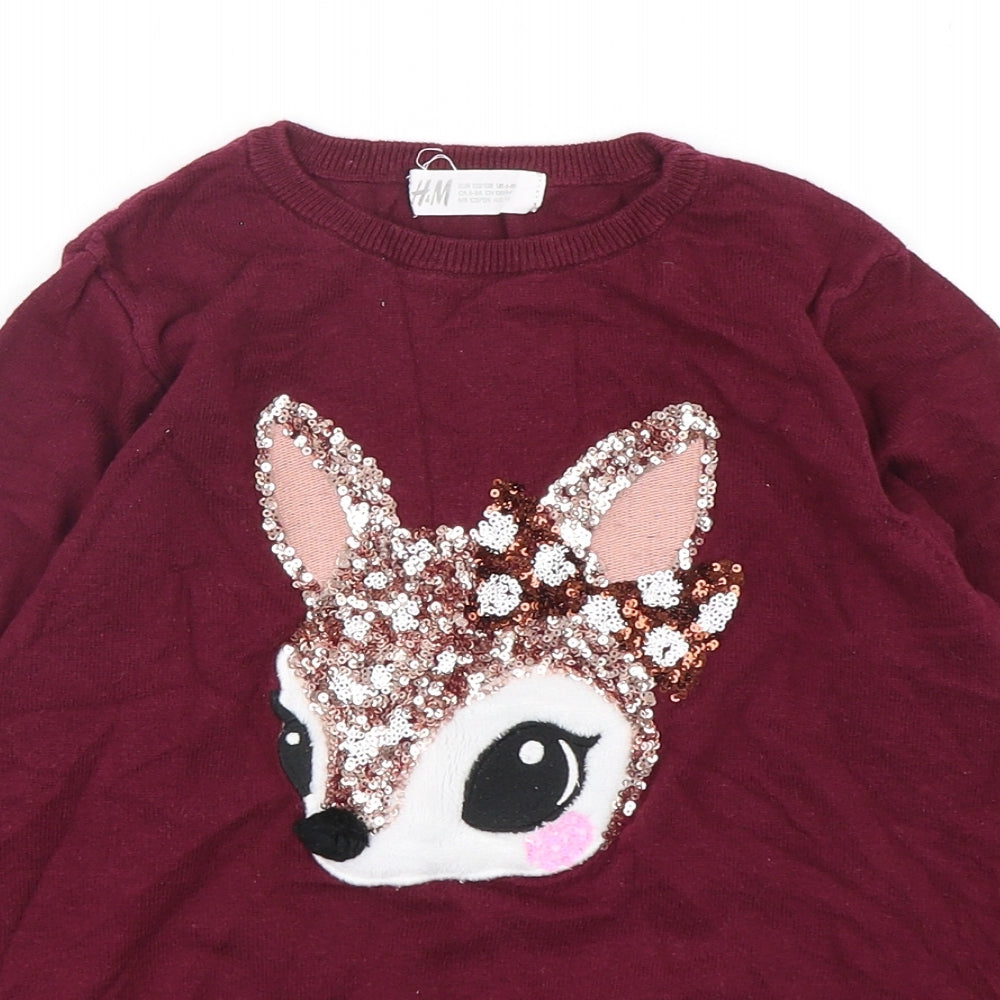 H&M Girls Purple Round Neck  Cotton Pullover Jumper Size 7-8 Years  Pullover - Deer Print