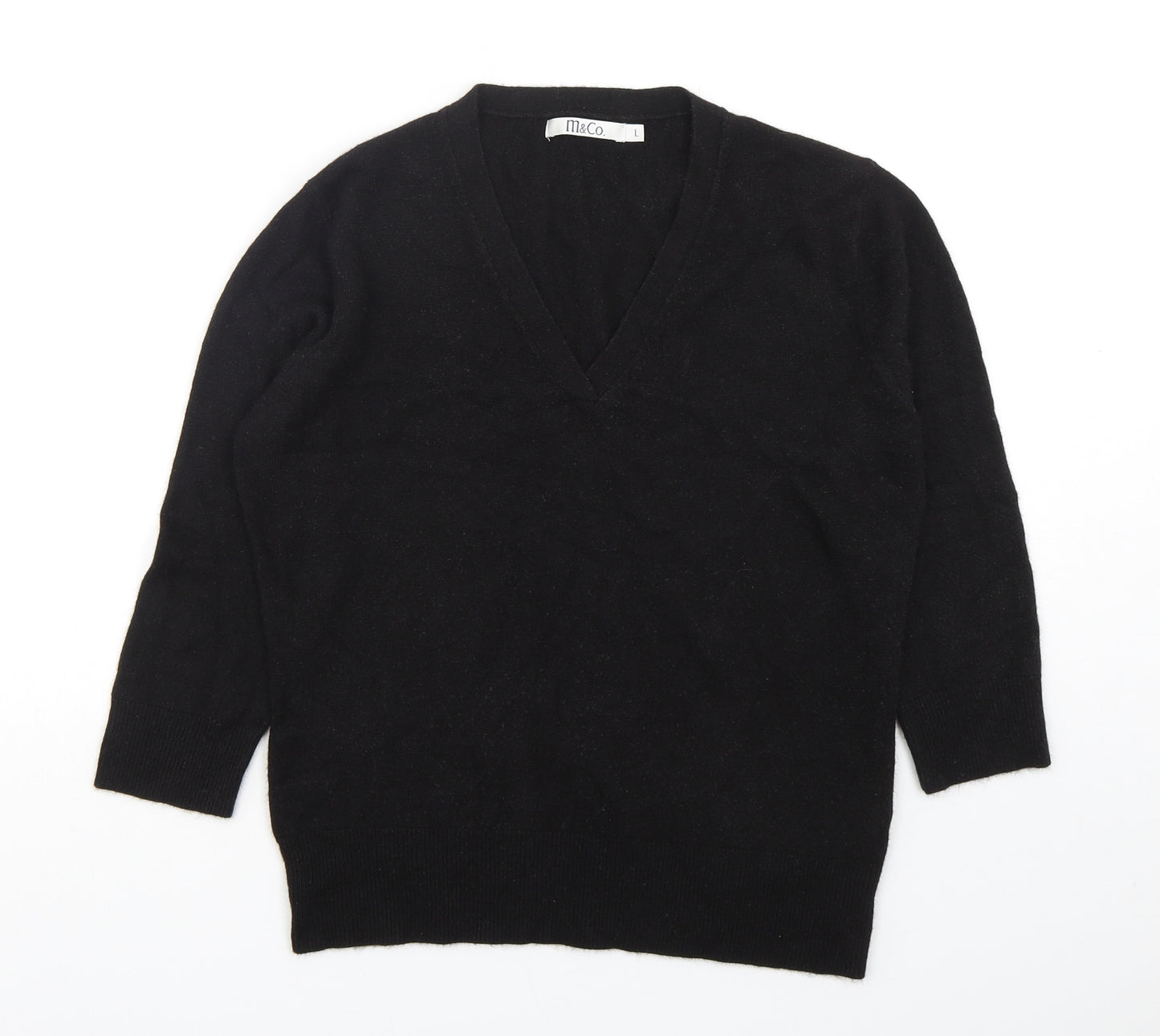 M&Co Womens Black V-Neck  Acrylic Pullover Jumper Size L
