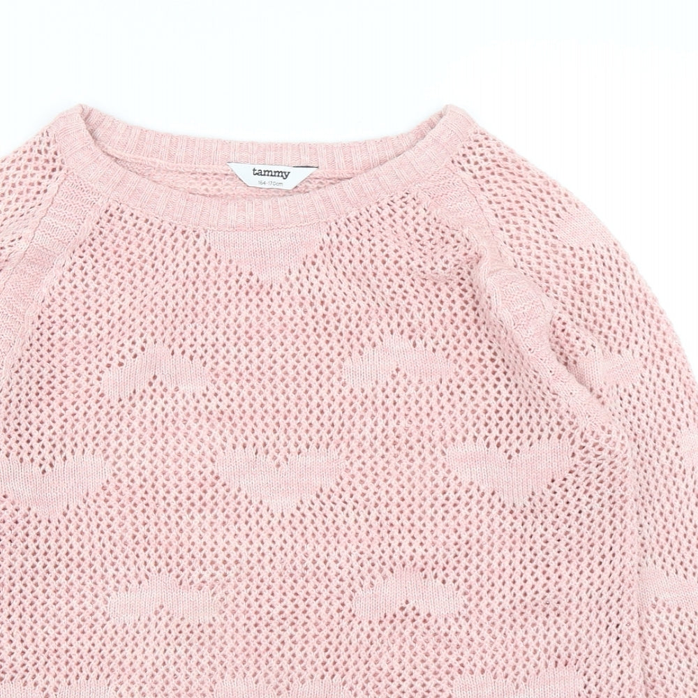 Tammy  Girls Pink Round Neck  Acrylic Pullover Jumper Size 14-15 Years  Pullover