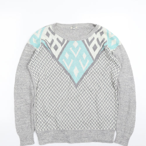 Ecote Womens Grey Crew Neck Herringbone Cotton Pullover Jumper Size S
