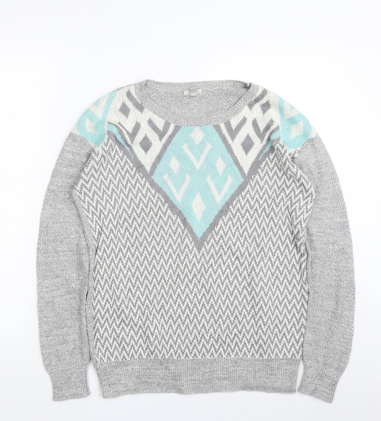 Ecote Womens Grey Crew Neck Herringbone Cotton Pullover Jumper Size S