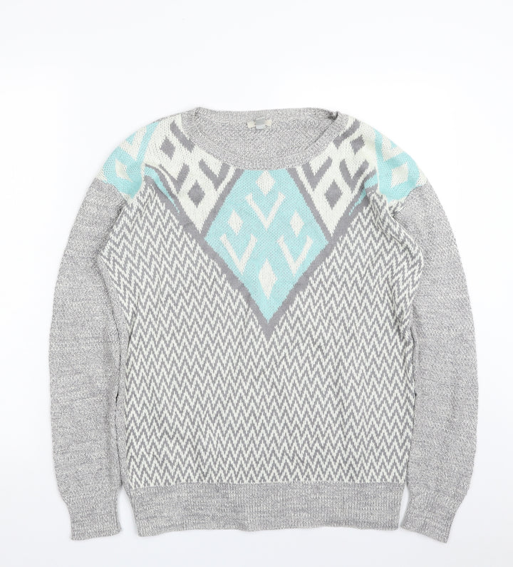 Ecote Womens Grey Crew Neck Herringbone Cotton Pullover Jumper Size S