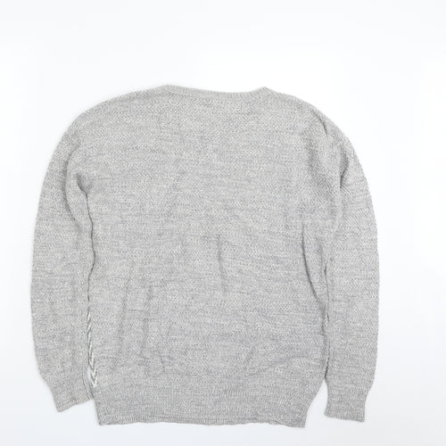 Ecote Womens Grey Crew Neck Herringbone Cotton Pullover Jumper Size S