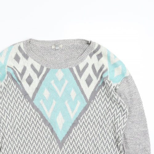 Ecote Womens Grey Crew Neck Herringbone Cotton Pullover Jumper Size S