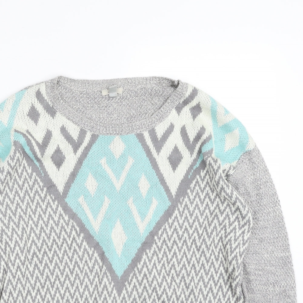Ecote Womens Grey Crew Neck Herringbone Cotton Pullover Jumper Size S