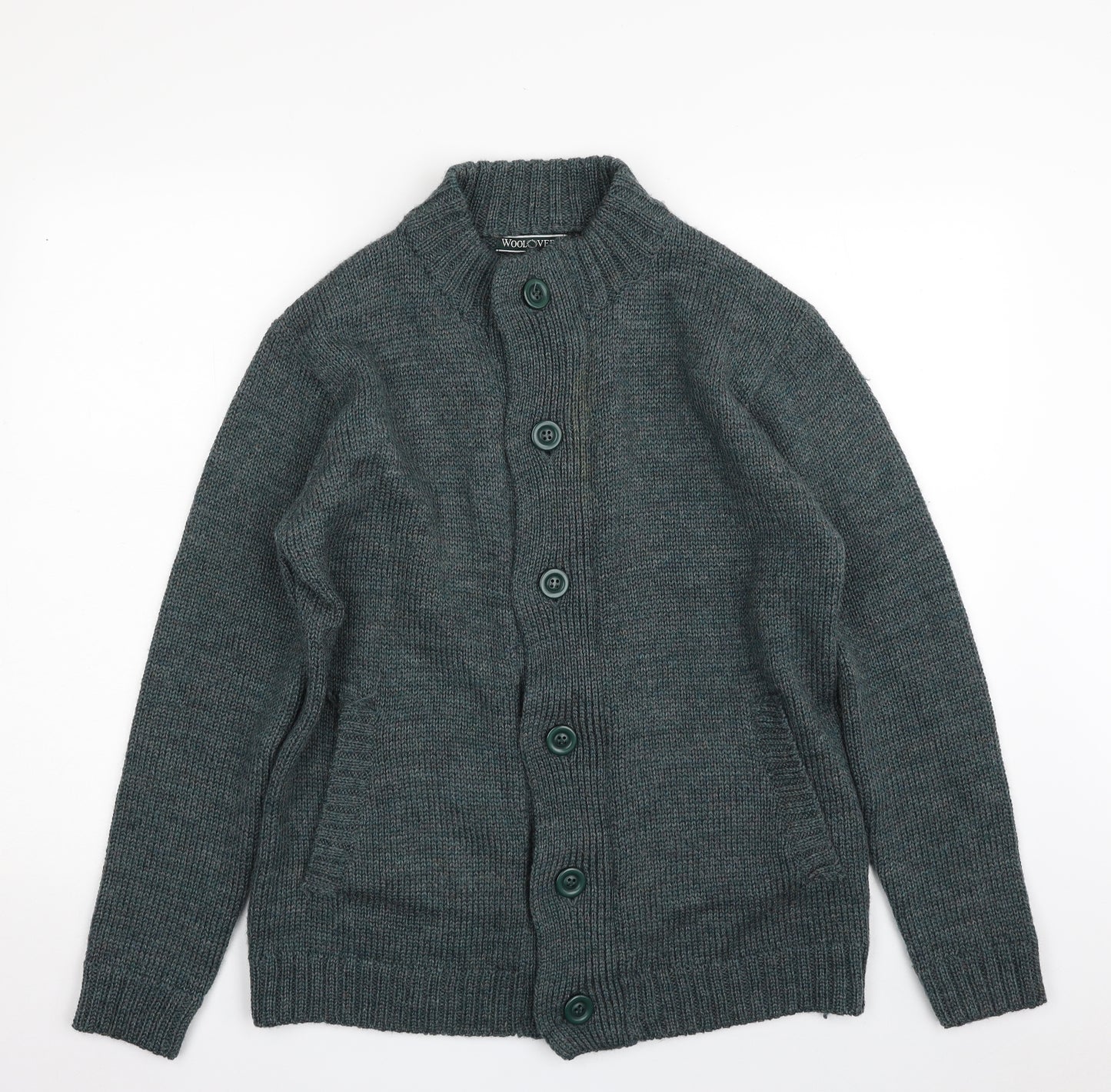 Woolovers Mens Green Mock Neck  Wool Full Zip Jumper Size S