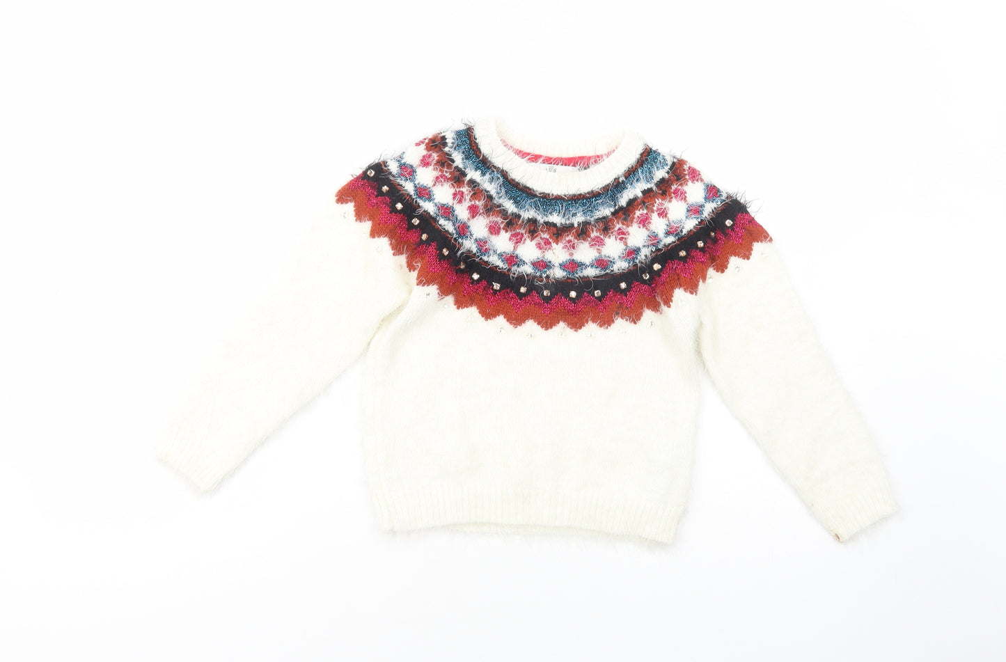 Marks and Spencer Girls White Crew Neck Fair Isle Polyamide Pullover Jumper Size 7-8 Years  Pullover