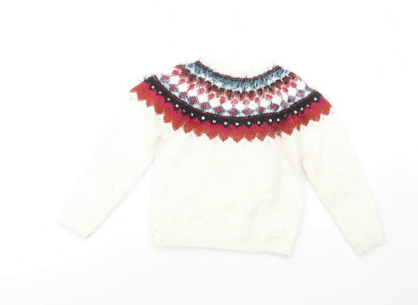 Marks and Spencer Girls White Crew Neck Fair Isle Polyamide Pullover Jumper Size 7-8 Years  Pullover