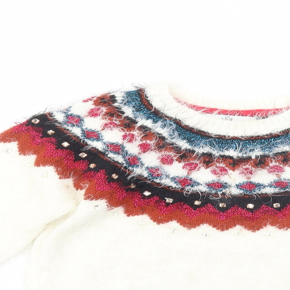 Marks and Spencer Girls White Crew Neck Fair Isle Polyamide Pullover Jumper Size 7-8 Years  Pullover