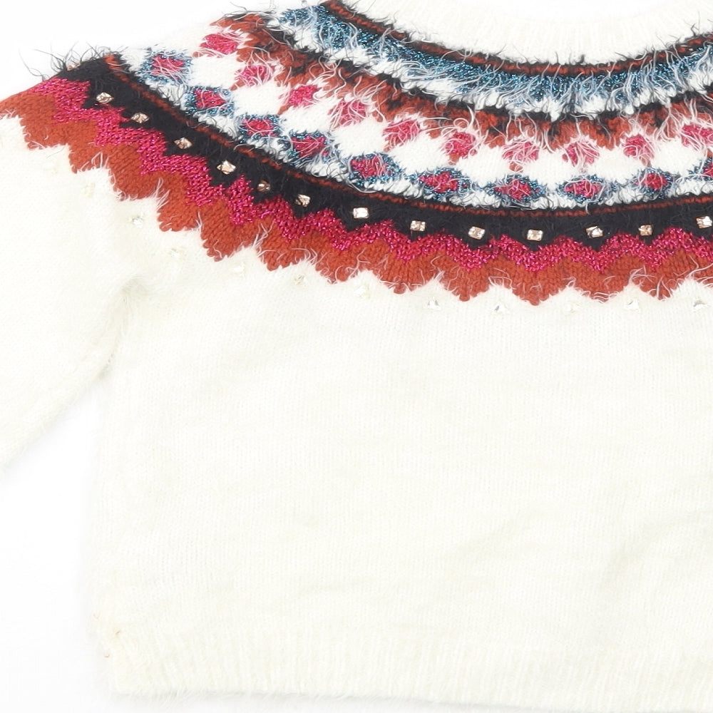 Marks and Spencer Girls White Crew Neck Fair Isle Polyamide Pullover Jumper Size 7-8 Years  Pullover
