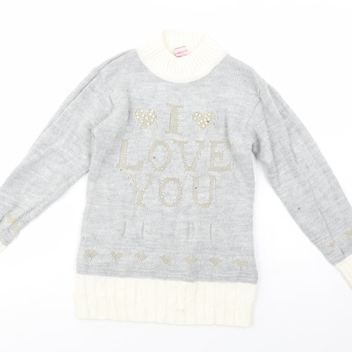 Cincan Girls Grey High Neck  Acrylic Tunic Jumper Size 11-12 Years  Pullover - I Love You