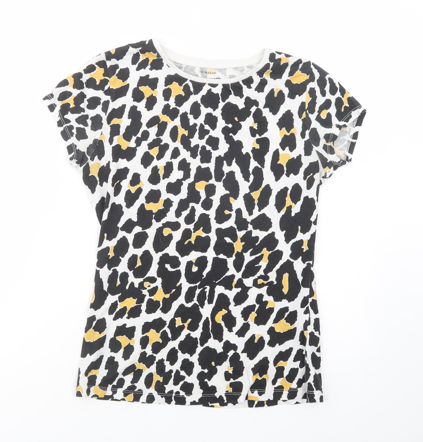 Primark Womens White Animal Print Cotton Basic T-Shirt Size 8 Crew Neck