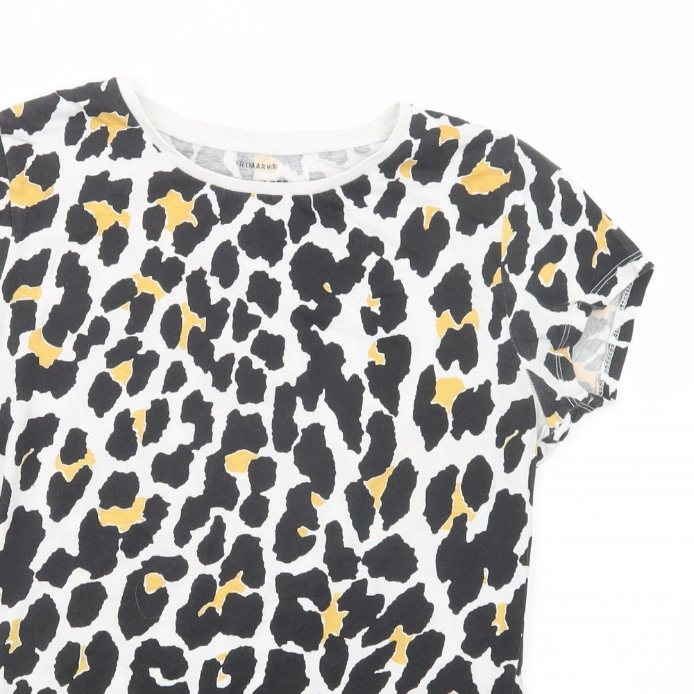 Primark Womens White Animal Print Cotton Basic T-Shirt Size 8 Crew Neck