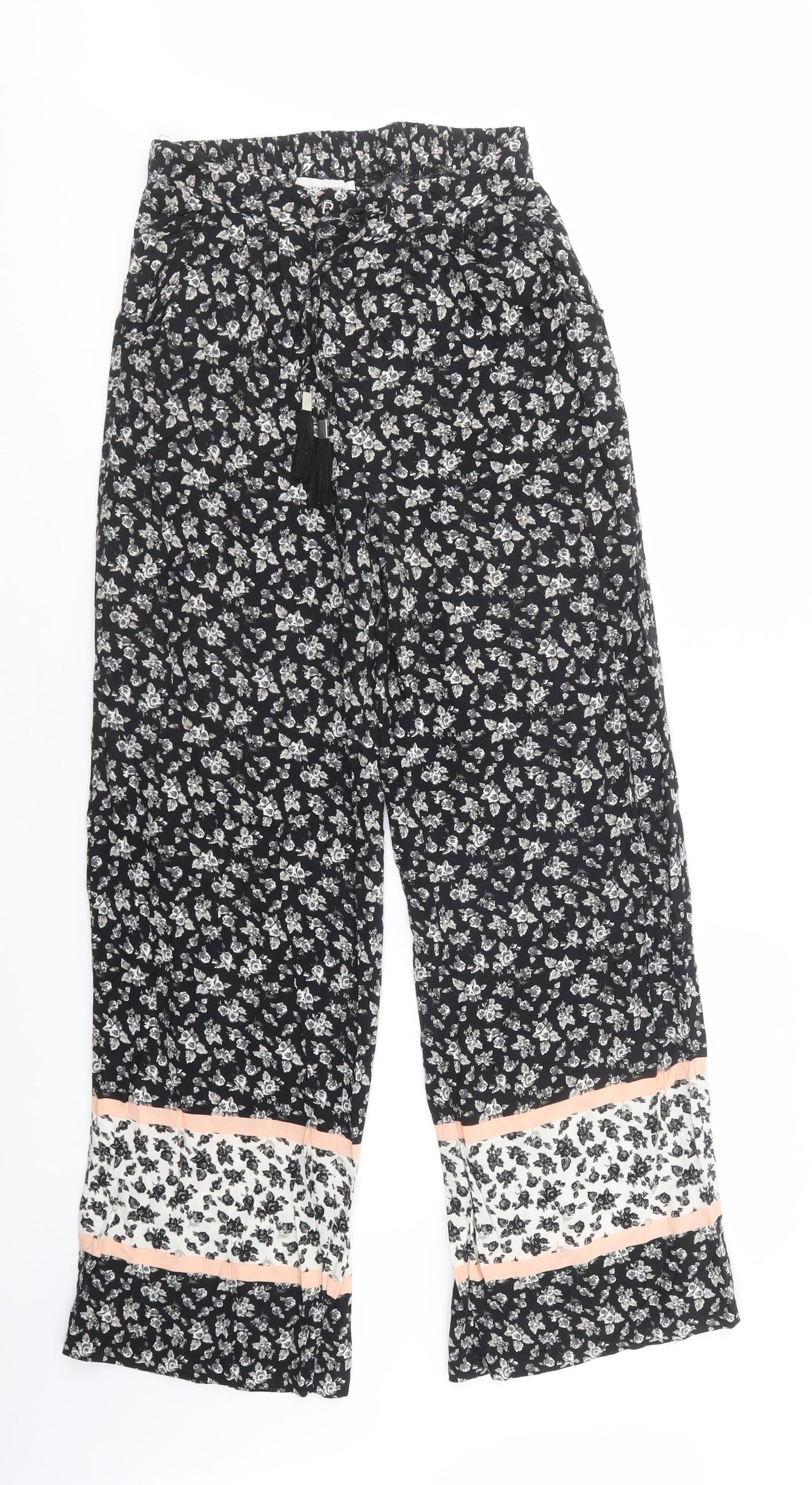 Primark Womens Black Floral Viscose Trousers  Size 8 L31 in Regular Drawstring