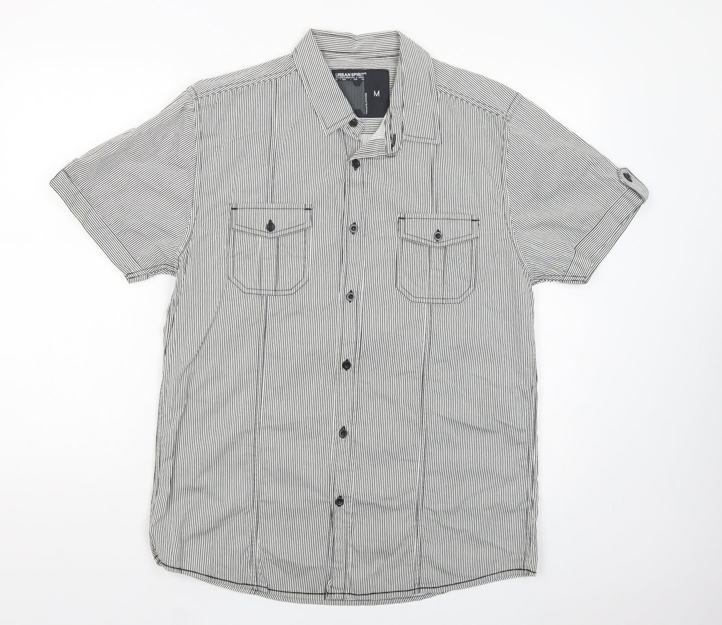 Urban Spirit Mens White Striped Cotton  Button-Up Size M Collared Button