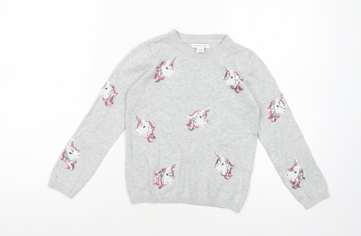 Primark Girls Grey Crew Neck  Cotton Pullover Jumper Size 6-7 Years  Pullover - Unicorn