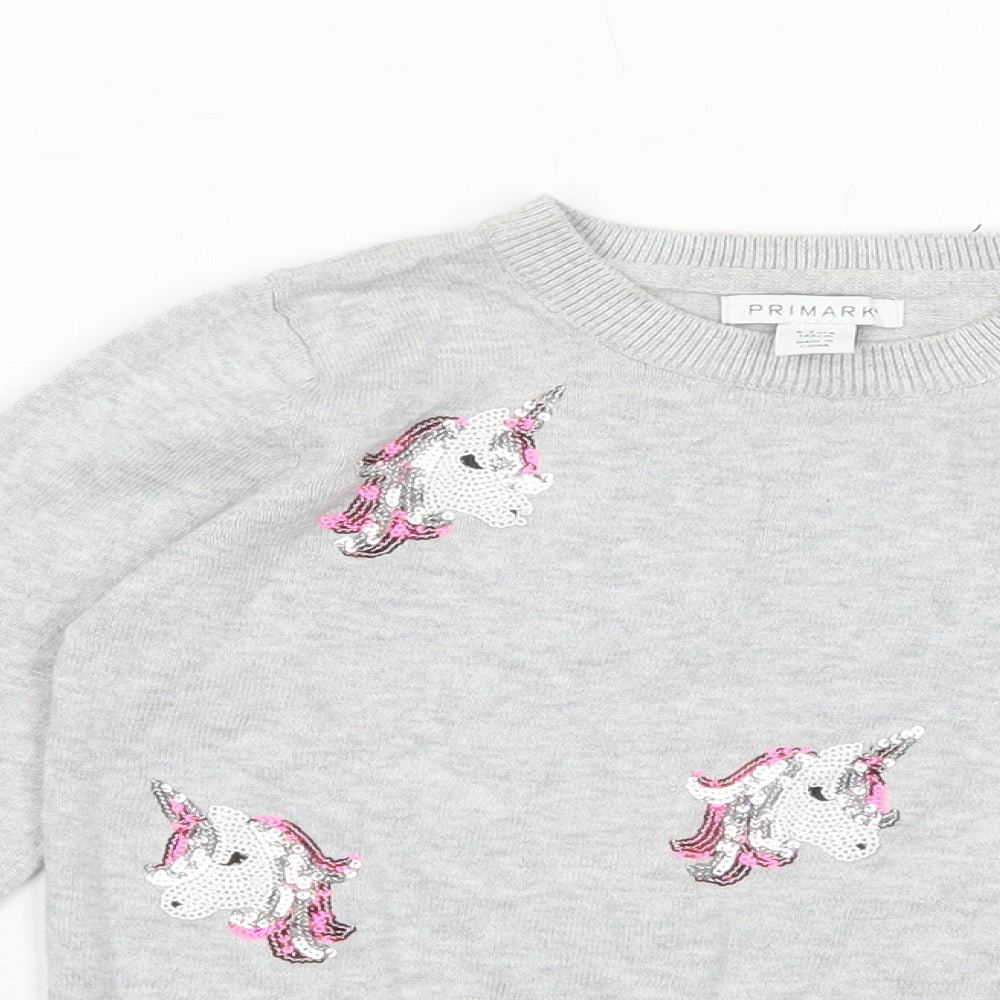 Primark Girls Grey Crew Neck  Cotton Pullover Jumper Size 6-7 Years  Pullover - Unicorn