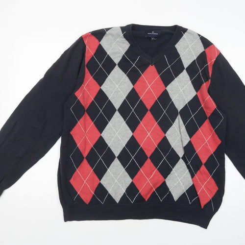 Marks and Spencer Mens Blue V-Neck Argyle/Diamond Cotton Pullover Jumper Size 2XL