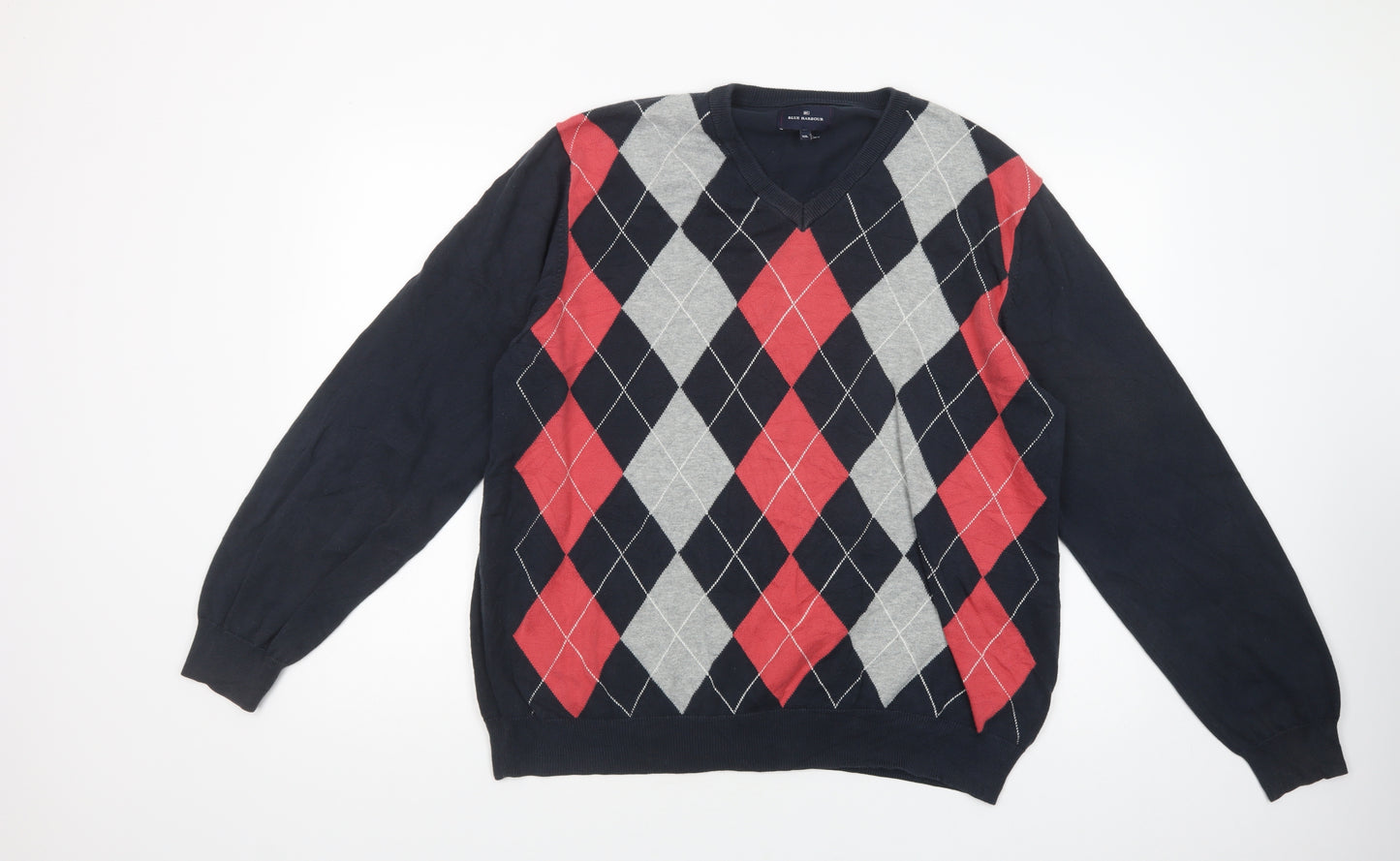 Marks and Spencer Mens Blue V-Neck Argyle/Diamond Cotton Pullover Jumper Size 2XL