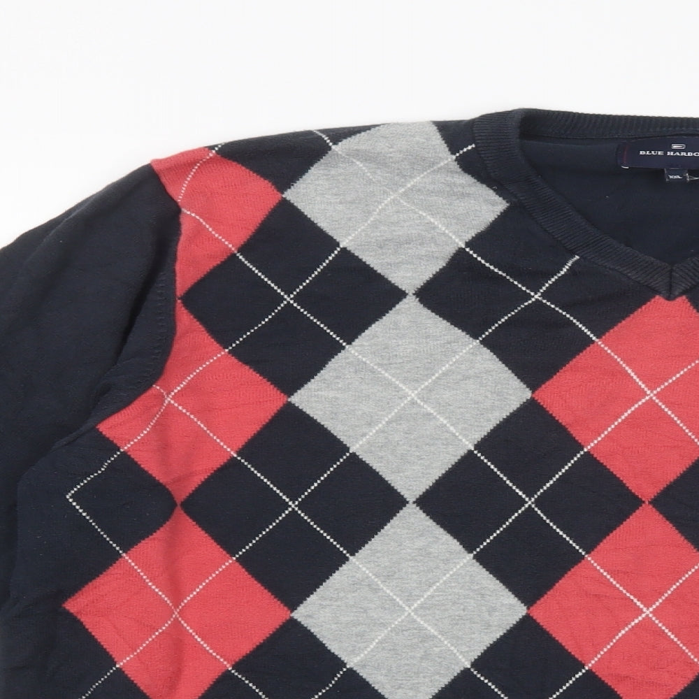 Marks and Spencer Mens Blue V-Neck Argyle/Diamond Cotton Pullover Jumper Size 2XL