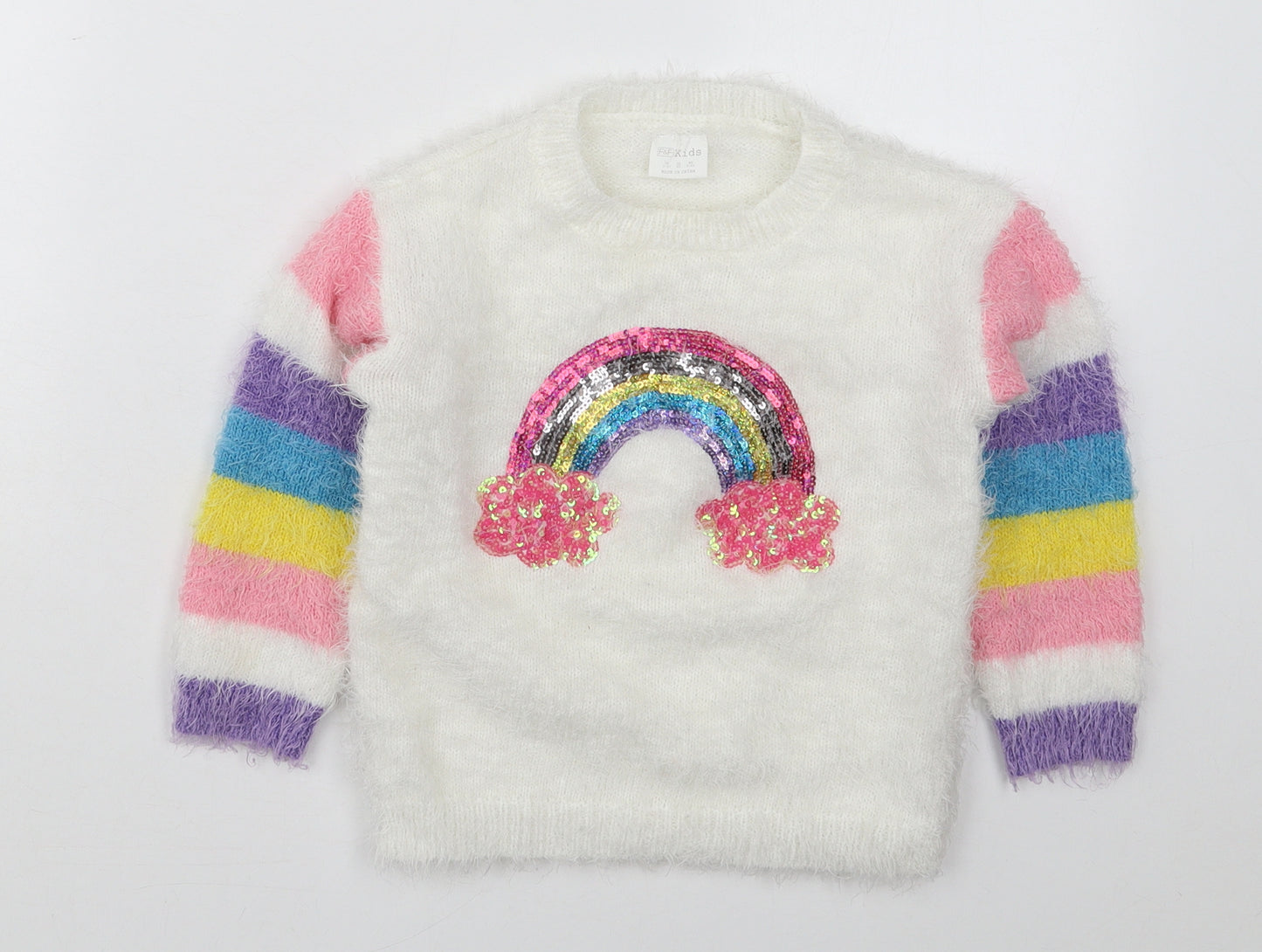 F&F Girls White Crew Neck Striped Polyester Pullover Jumper Size 3-4 Years  Pullover - Rainbow