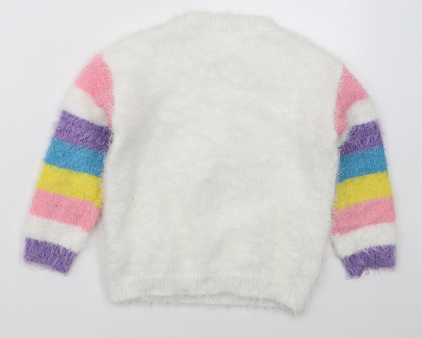 F&F Girls White Crew Neck Striped Polyester Pullover Jumper Size 3-4 Years  Pullover - Rainbow