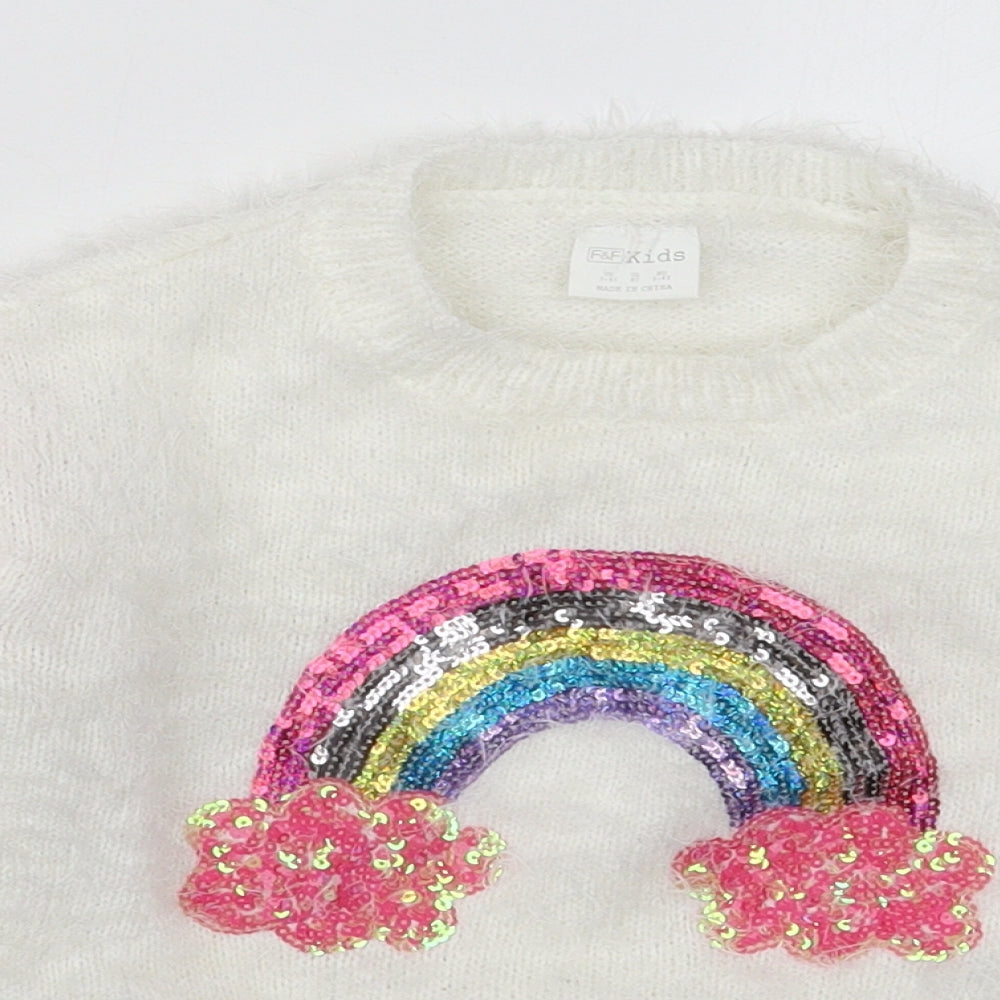 F&F Girls White Crew Neck Striped Polyester Pullover Jumper Size 3-4 Years  Pullover - Rainbow