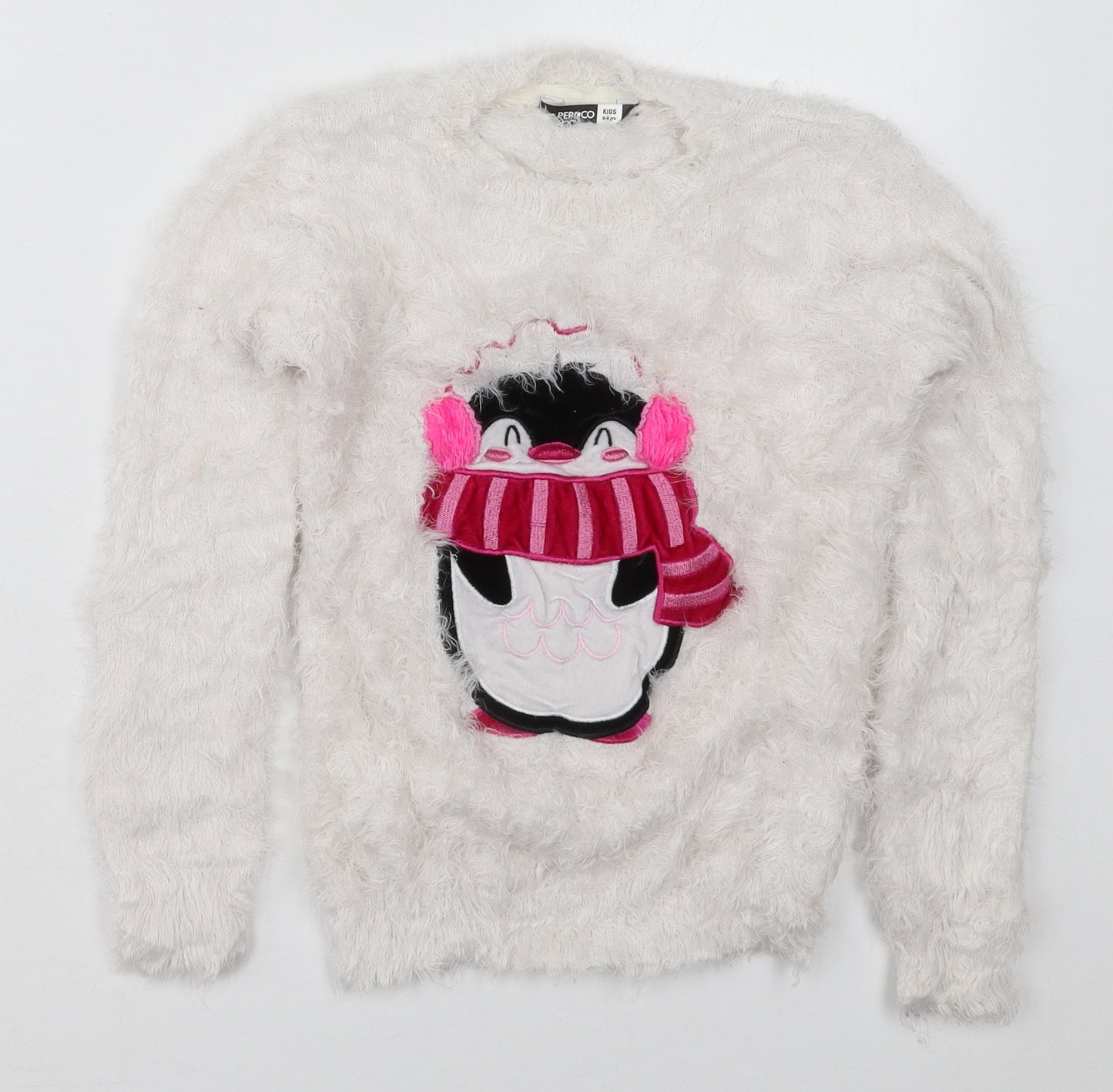 Pep&Co Girls White Crew Neck  Nylon Pullover Jumper Size 8-9 Years  Pullover - Penguin