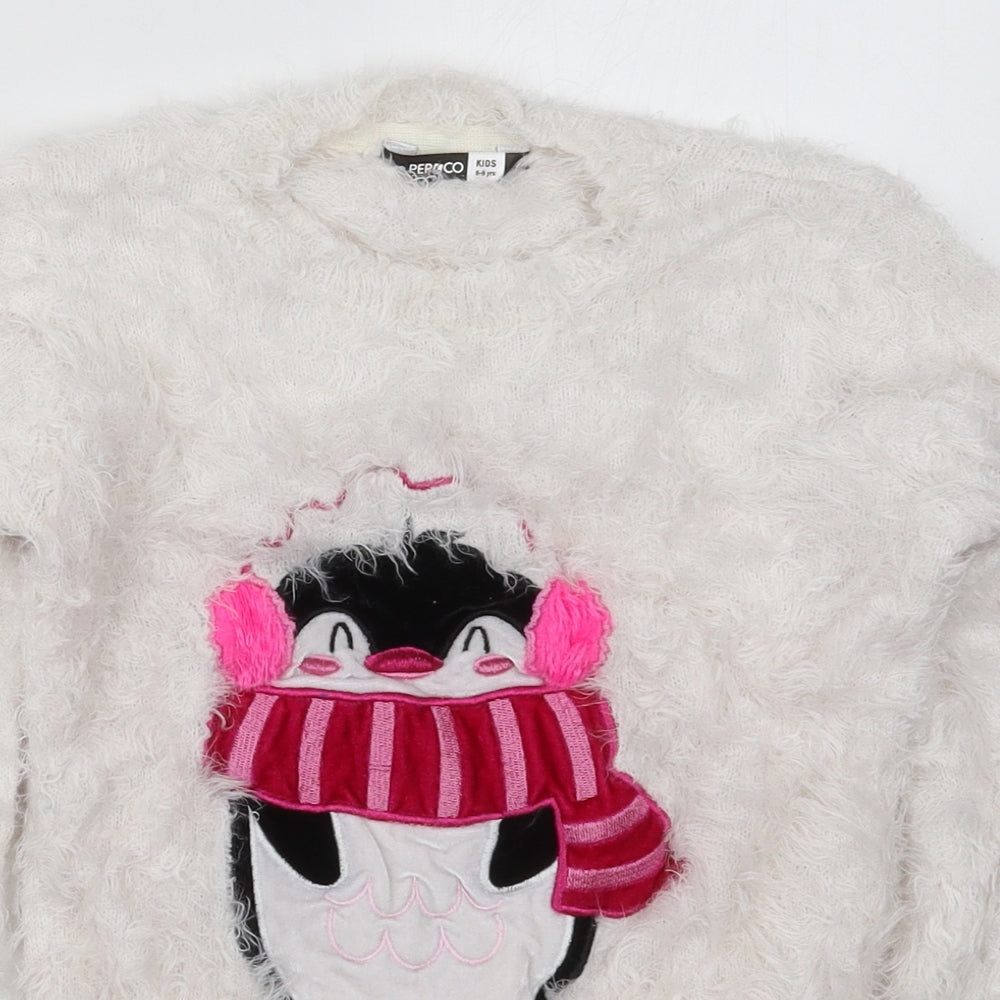 Pep&Co Girls White Crew Neck  Nylon Pullover Jumper Size 8-9 Years  Pullover - Penguin