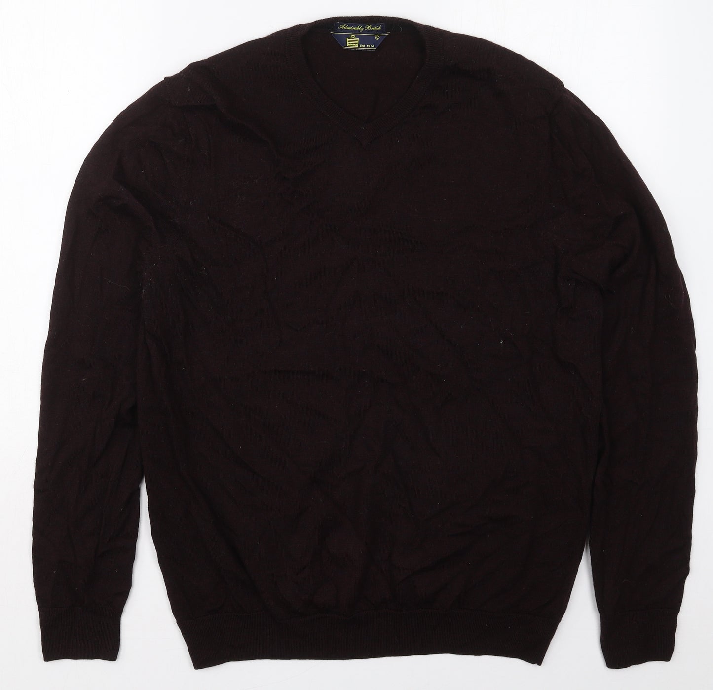 Admiral Mens Red V-Neck  Wool Pullover Jumper Size L   - Burgundy