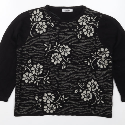 Alexara Womens Black Crew Neck Floral Acrylic Pullover Jumper Size L