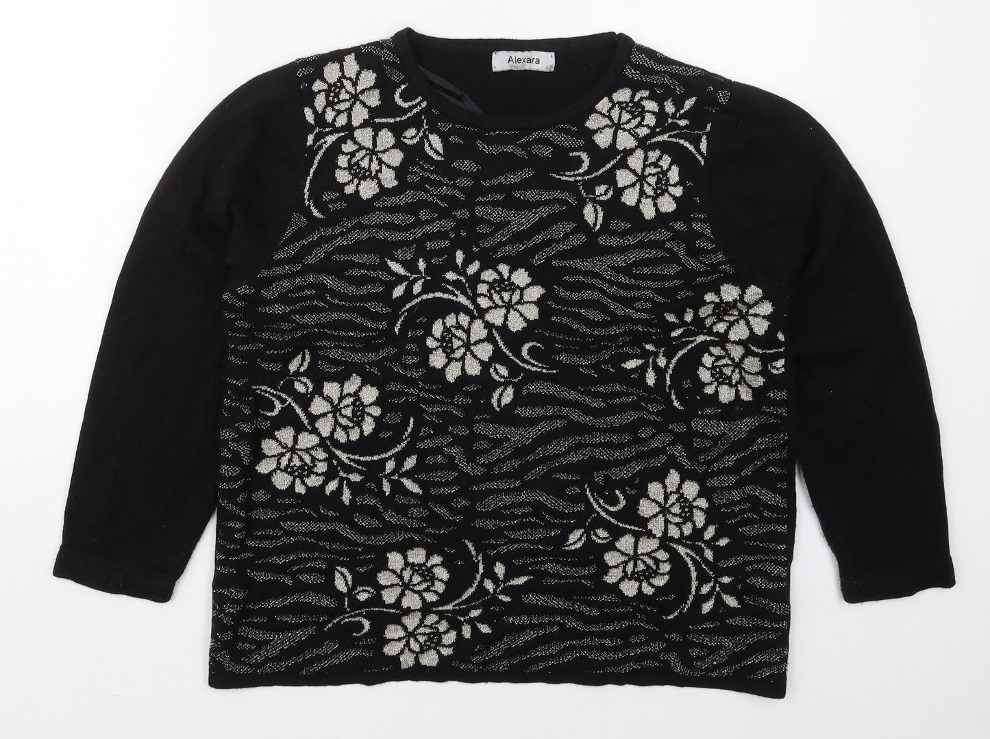 Alexara Womens Black Crew Neck Floral Acrylic Pullover Jumper Size L