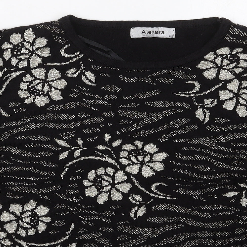 Alexara Womens Black Crew Neck Floral Acrylic Pullover Jumper Size L