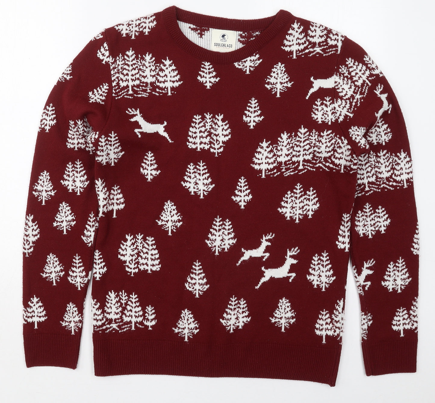 SoulCal&Co Mens Red Crew Neck  Acrylic Pullover Jumper Size M   - Trees and Deer